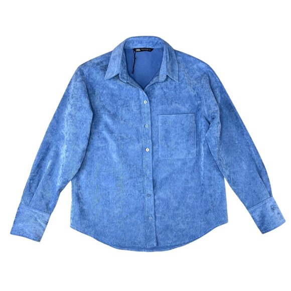 Zara Fine-Waled Corduroy Oversized Blue Button-Up Shirt With Pocket Size XS - Picture 2 of 16